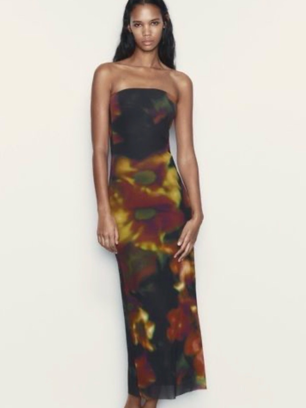 Zara Floral Sheer dress in Black, Red & Yellow